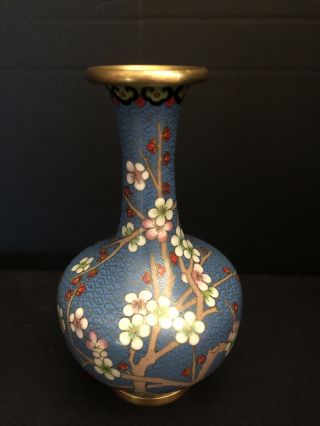 Vintage Chinese Blue Cloisonné Enamel Vase Cherry Blossoms & Blackbird