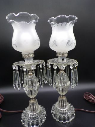 Vintage C.  1940 Glass Hurricane Lamps With 24 Hanging Crystal Prisms 16 " T