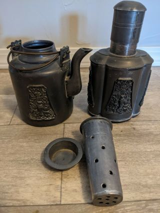 Vintage Chinese Pewter Tea Pot And Caddy Marking On Bottom