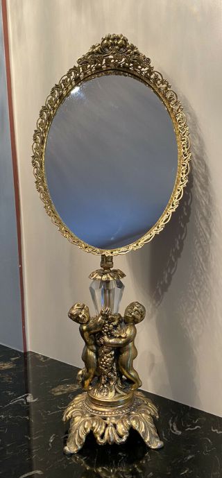 Vintage Ormolu Upright Vanity Mirror With Cherubs And Faux Crystal 21.  25 " X 8.  25 "