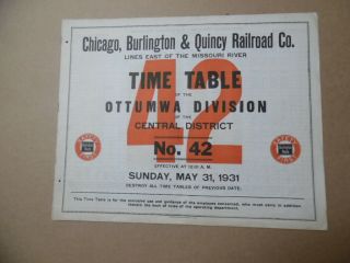 1931 Chicago Burlington & Quincy Railroad Employee Timetable 42 Ottumwa Iowa