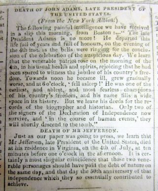 1826 Newspaper Announcing Death Former Presidents Thomas Jefferson & John Adams