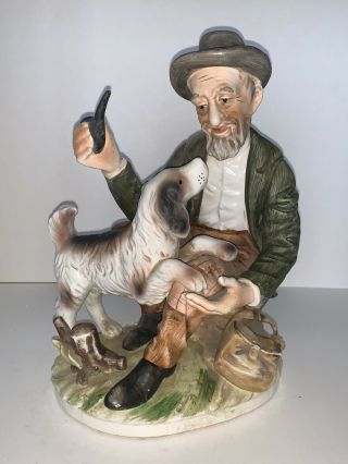 Vintage Ardco Porcelain Old Man With Pipe And Hunting Dog English Setter Figure