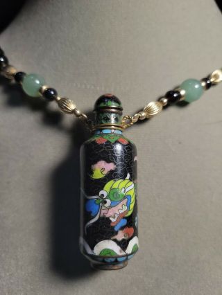Antique Chinese Cloisonne Snuff Bottle,  Round & Decorated With A Dragon Necklace
