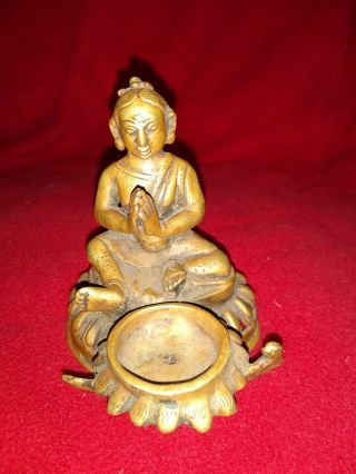 4 " Bronze Chinese Nepal Sitting Praying Oil Lamp Butter Lamp Statue.  F