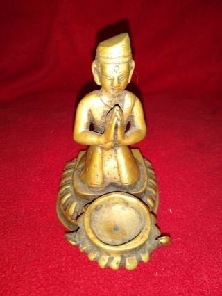 4 1/2 " Chinese Nepal Bronze Kneeling Praying Oil Lamp Butter Lamp