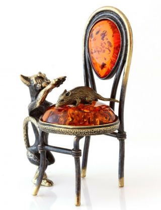 Cat Mouse On Chair Brass Bronze Figurine Baltic Amber Miniature Sculpture 2 3/8 "