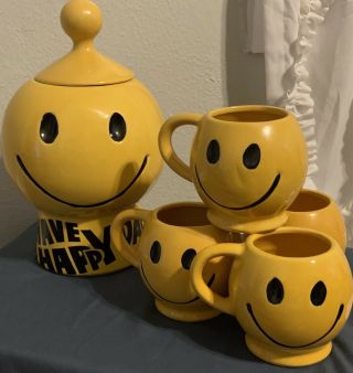 Vintage Mccoy Yellow Smiley Face Smile Happy Mugs & Cookie Jar