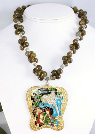 Vintage Oriental Chinese Green Blue Labradorite Beaded Bird Cloisonne Necklace