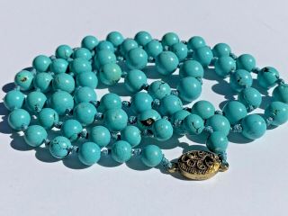 Vintage Chinese Export Turquoise Beads Necklace W Filigree Sterling Silver Clasp