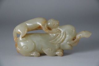 Chinese Antique Qing Dynasty 100 Natural Hetian Jade Monkey Hand - Carved Statues