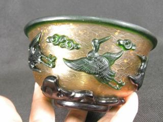 Chinese Crane Carved Peking Overlay Glass Bowl 3