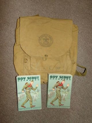 Canvas Boy Scout Backpack Haversack No.  573,  2 Vintage Boy Scout Handbooks