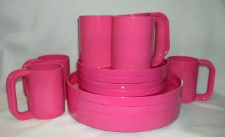 14 Vintage Heller Massimo Vignelli Pink Plates,  Cups Mugs Mid Century Eames Era
