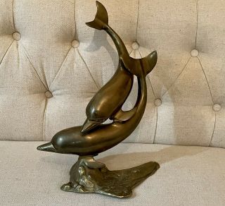 Vintage Large Brass Dolphin Statue Figurine Sculpture Nautical Sea Decor 17 " Tall