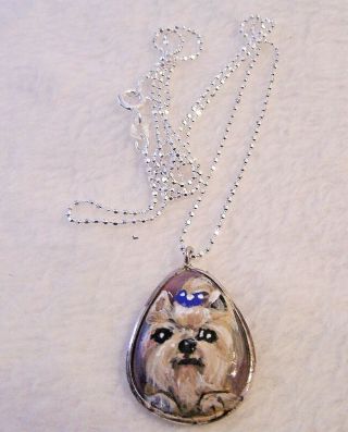 Hand Painted Yorkie On Gemstone And.  925 Solid Sterling Silver 18 " Chain