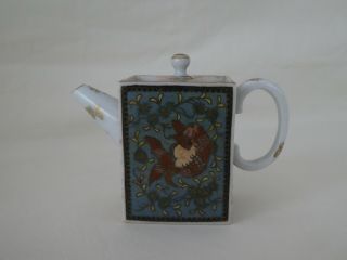 Antique Chinese Cloisonne On Porcelain Coy Fish Teapot Signed