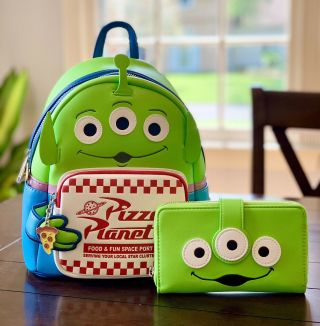 Loungefly Disney Pixar Toy Story Alien Pizza Planet Mini Backpack And Wallet Set