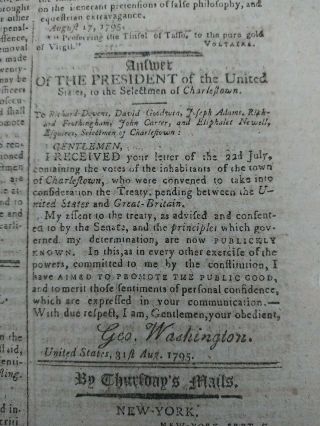Front Page President George Washington In Script Type (jay Treaty) 1795 Newspaper