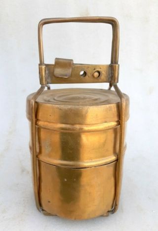 Vintage Old Collectible Brass Handcrafted 2 Compartment Tiffin Lunch Box India