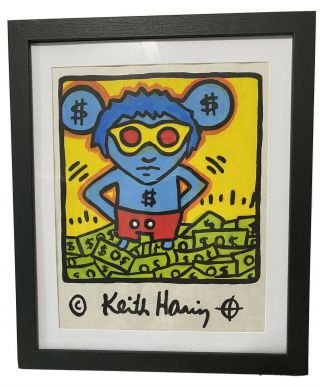 Keith Haring Painting/drawing On Vintage Paper Signed Stamped Rare