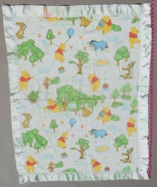 Vintage Winnie The Pooh Baby Blanket 100 Acre Wood Satin Trim Made In Usa
