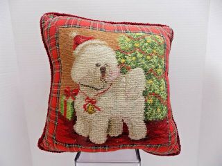 Bichon Frise Dog Needlepoint Pillow Wool Christmas W/ Tartan Plaid Home Decor