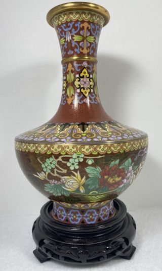 Vintage Chinese Cloisonne Enamel Flower Vase 9 1/2” With Base