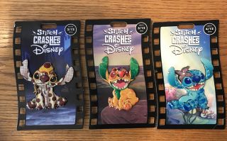 Disney Stitch Crashes Little Mermaid,  Lion King,  Lady & Tramp 3 Pin Set In Hand