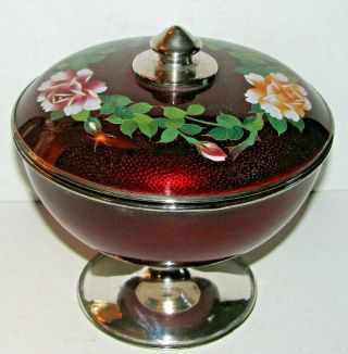 Vintage Silver Japanese Cloisonee Candy Dish / Roses Leaf Garland