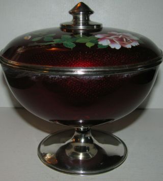 Vintage Silver Japanese Cloisonee Candy Dish / Roses Leaf Garland 3