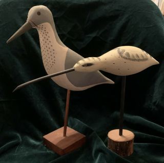 Signed Sandpiper Shore Bird Hand Carved Wood Decoy Folk Art Vintage Set Of Two