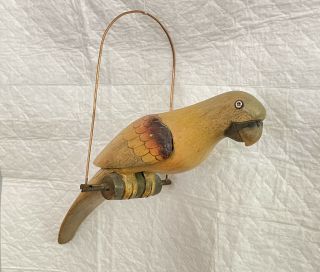 Vintage Hand Carved And Painted Balsa Wood Parrot With Hanging Perch