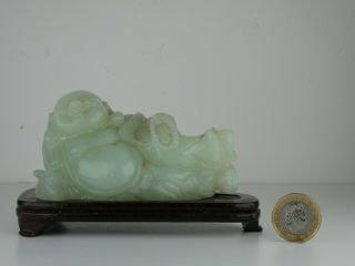 Antique Early 20th C Chinese Carved Pale Green Jade Nephrite ? Buddha On Stand.