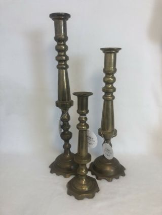 Set Of 3 Vintage Heavy Brass Candle Sticks Marked Mexico 24”,  19” & 13.  75”