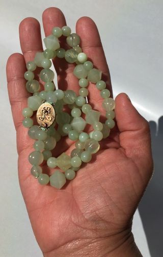 Vintage Chinese Green Jade Jadeite Cut Bead Silver Clasp Necklace 26.  5 " 70.  7g