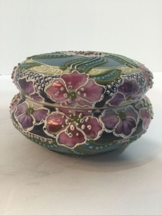 Antique Japanese Moriage Pottery Round Covered Box.