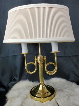 Vtg Double French Horn Brass Candlestick Bouillotte Electric Table Lamp W Shade
