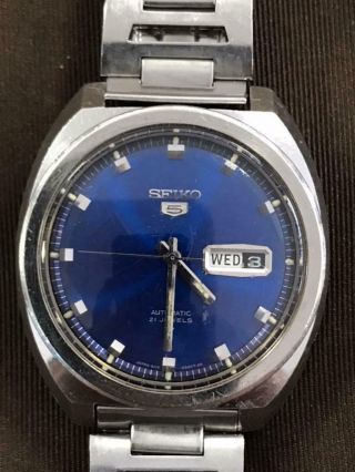 Vintage Seiko 5 6119 - 8273 Automatic Rare " Big Blue " Day Date 21 Jewels 39m