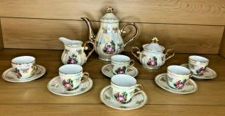 Vintage 17 Piece Fine Porcelain Victorian Scene Tea Coffee Set Gold Trim