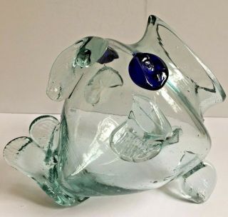Blown Glass 8 Inch Open Mouth Fish Shaped Bowl Clear With Cobalt Eyes