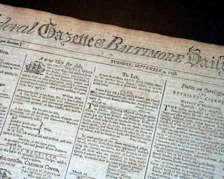 Illustrtated Ships & Runaway Slave Ads Rare 1798 Baltimore Md Maryland Newspaper