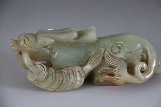 Chinese Antique Qing 100 Natural Hetian Jade Hand - Carved Statues Kirin Beast