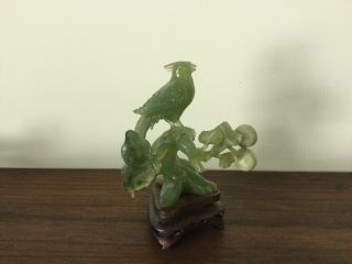 Vintage - Antique - Asian Chinese - Carved Green Jade - Bird Of Prey - Wood Stand