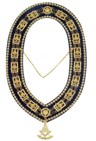 Masonic Past Master Metal Chain Collar Blue Backing With Rhinestonse,  Jewel