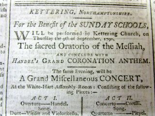 1790 Newspaper W Front Page Ad For Early Production Of Handel 