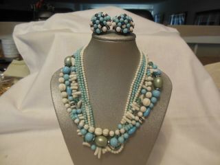 Vintage Eugene Necklace Matching Earrings Set Blue White Colors Signed