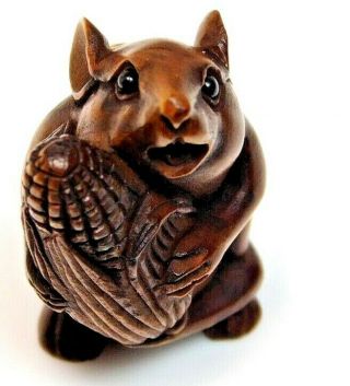 Antique Vtg Button Hand Carved Wooden Squirrel W/a Ear Of Corn I8