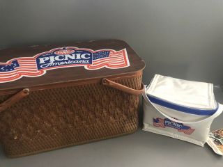 Vintage 1970s Dr Pepper Picnic Americana Basket With Cooler,  Cups,  And More