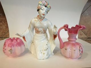 Vintage Fenton Burmese Glass Pitcher Vase Signed Hand Painted Peach Blow Set